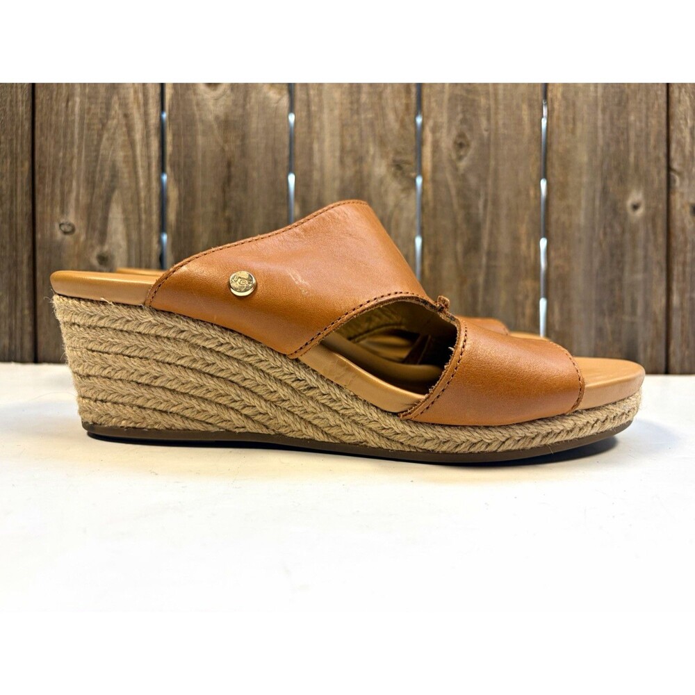 UGG Eirene Wedge Sandal Womens Brown Leather Slide Open Toe Slip On US 6 EU 37